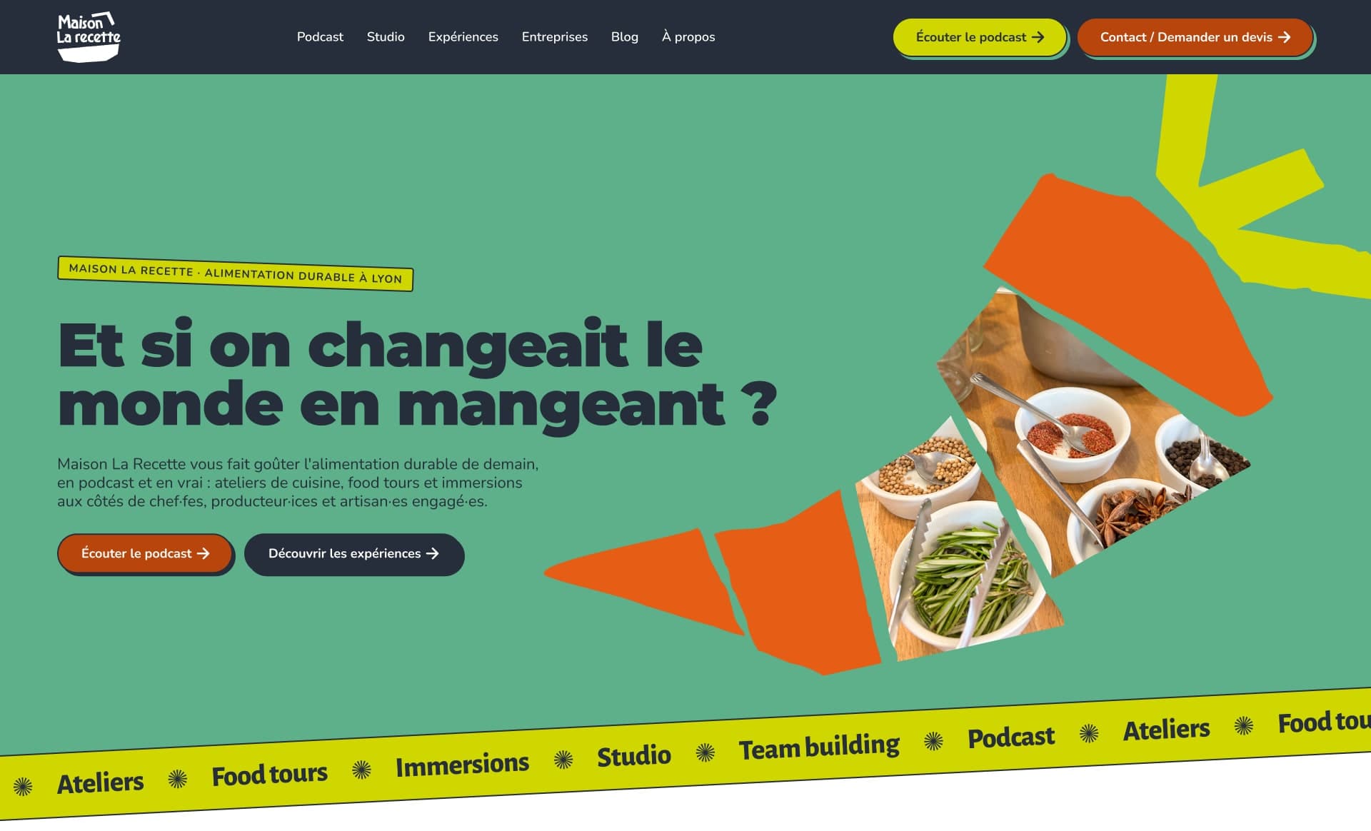 La Recette website, home page: hero with the brand's cut-out vegetables