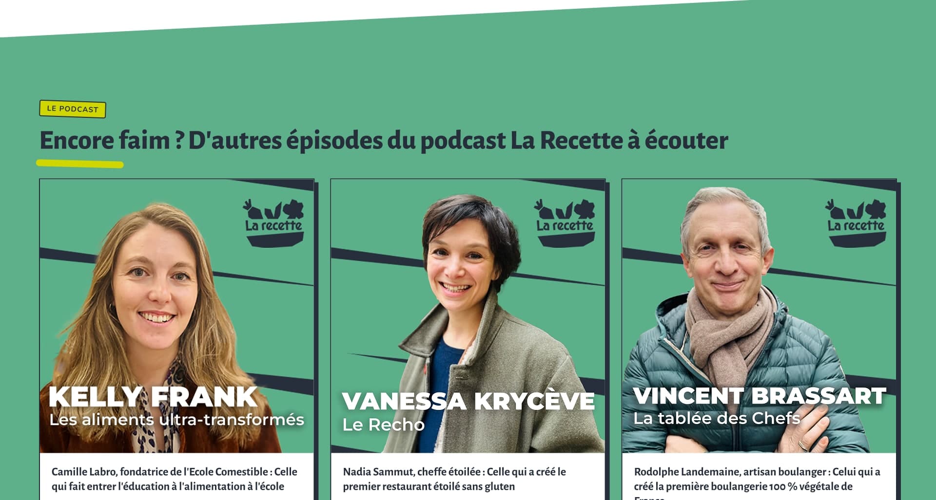 La Recette website, other episodes to listen to, one card per guest