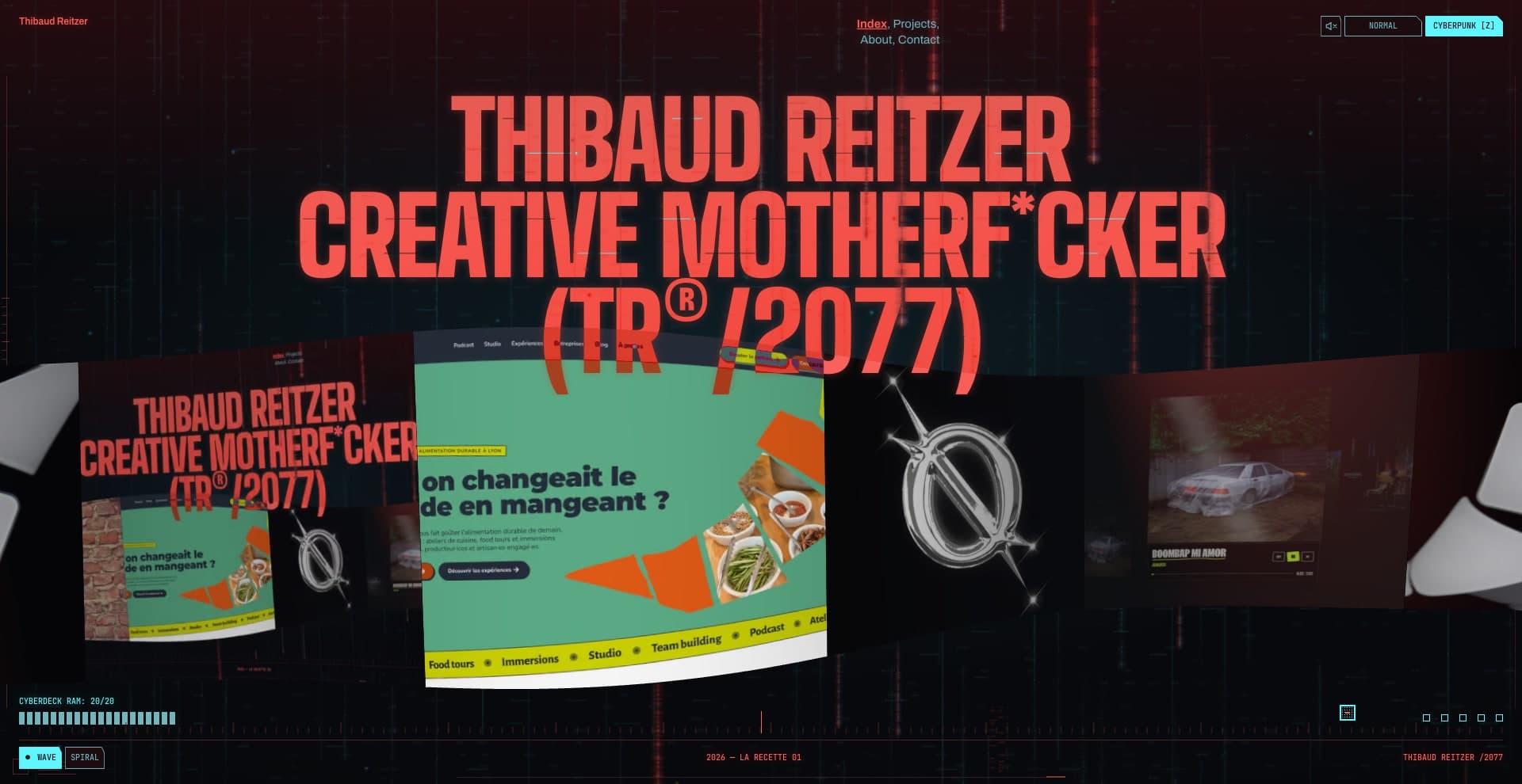 Portfolio, Cyberpunk theme: the Hero title over the 3D frieze of projects
