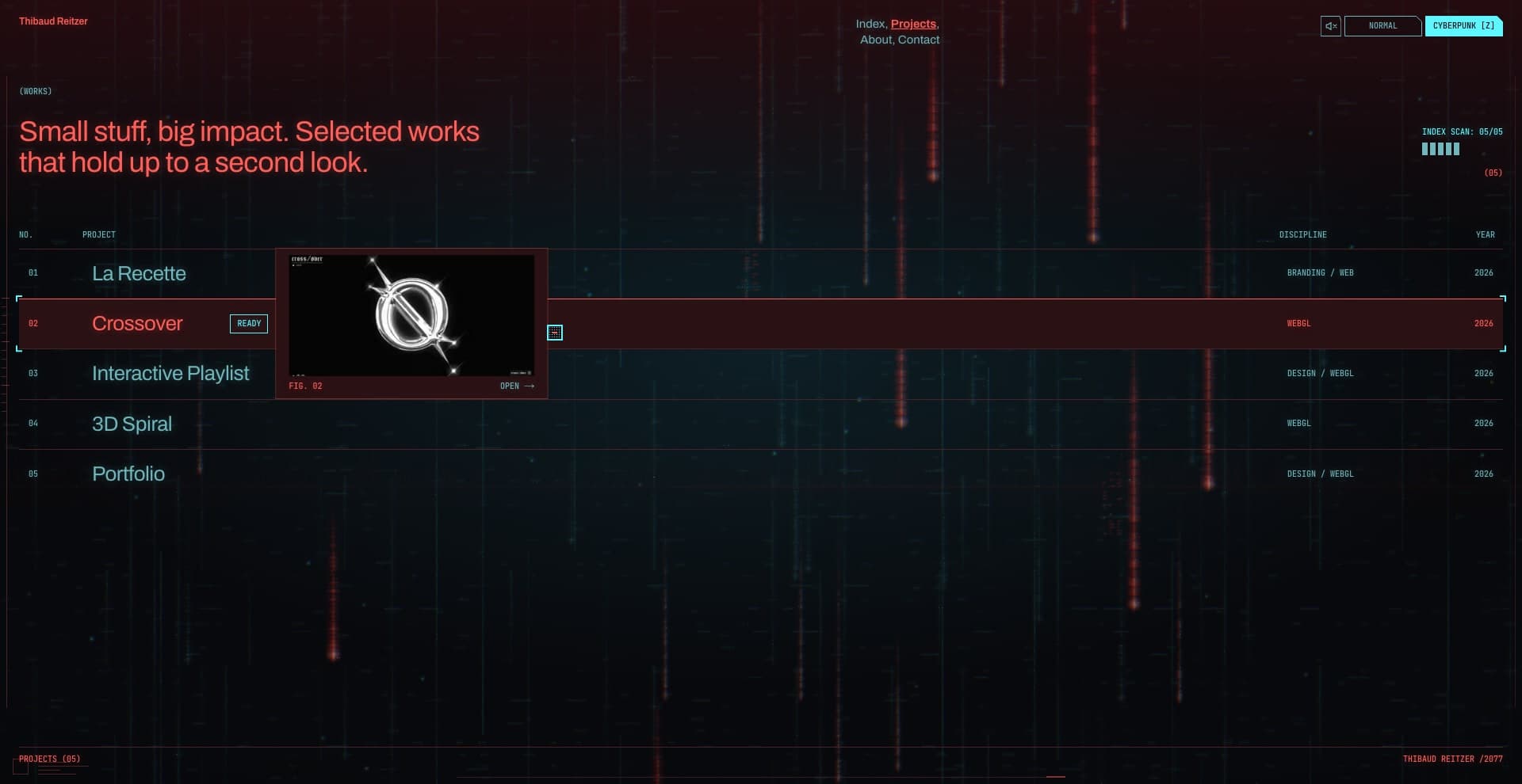 Portfolio, Cyberpunk theme: the projects list with its floating preview