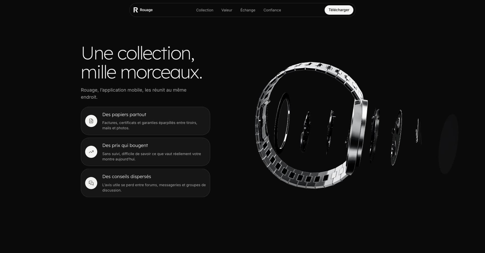 Rouage: the exploded 3D watch on black, with the collector's problems