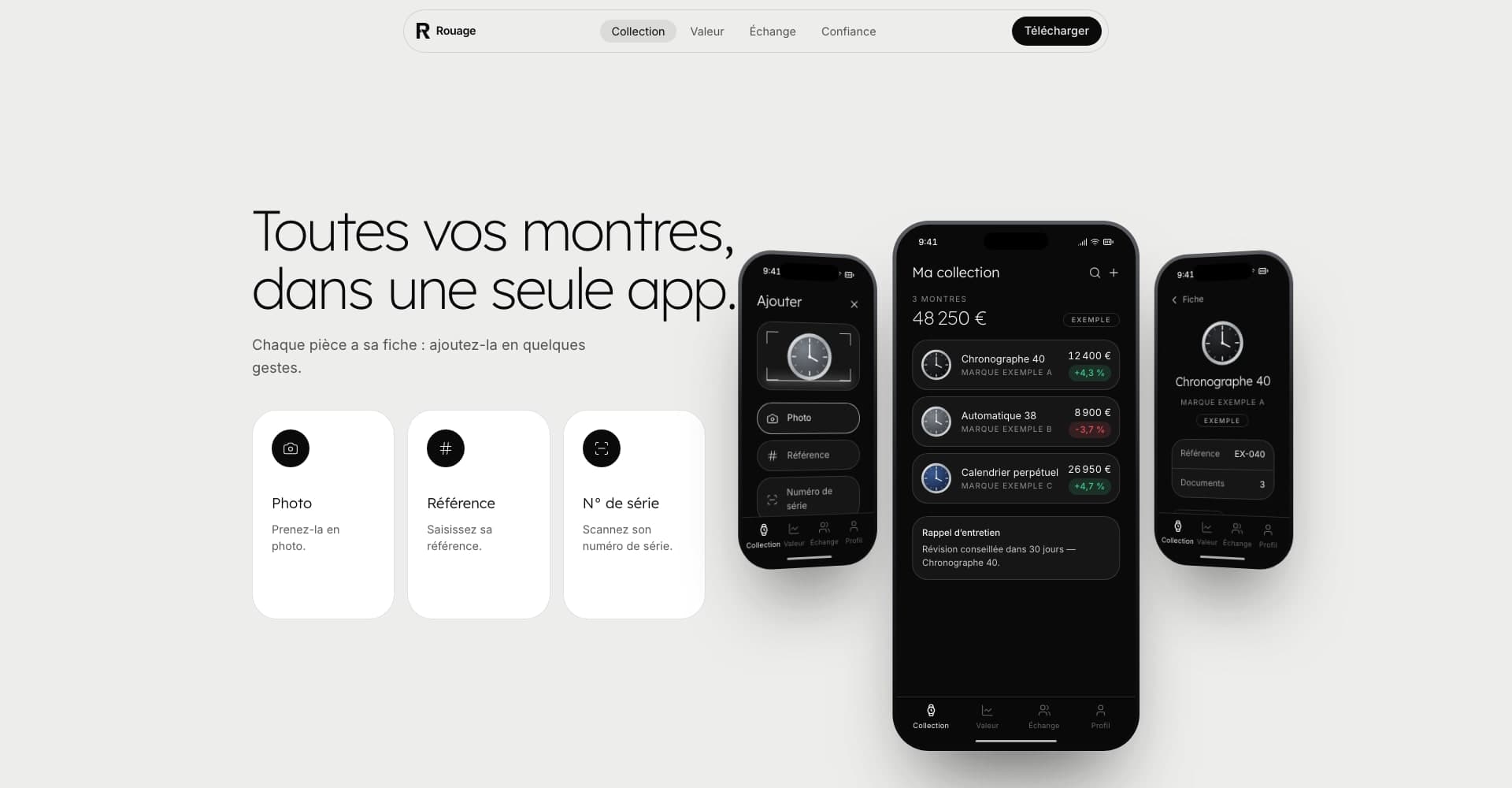 Rouage: the app's collection screens on three phones