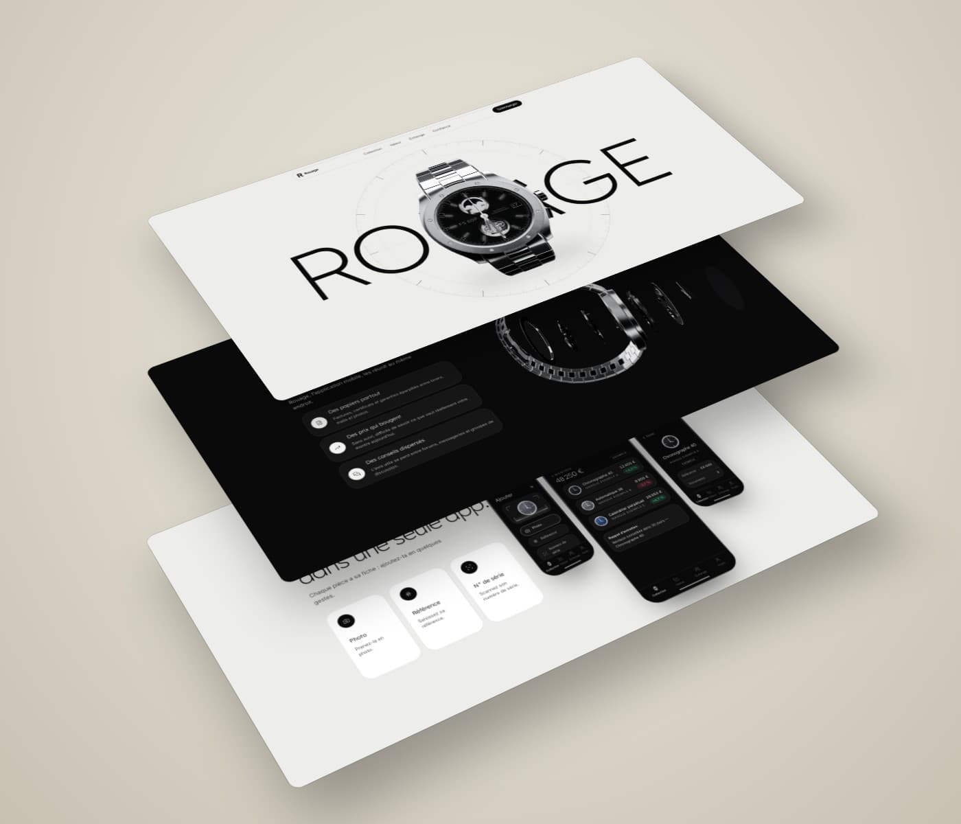 Rouage website on three stacked screens